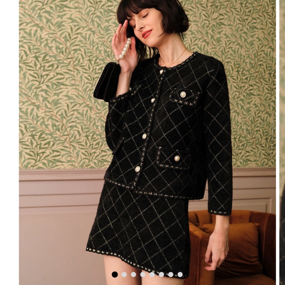 NWT Rihoas The Argyle Cardigan Mini Skirt Designer Classic Fuzzy Set